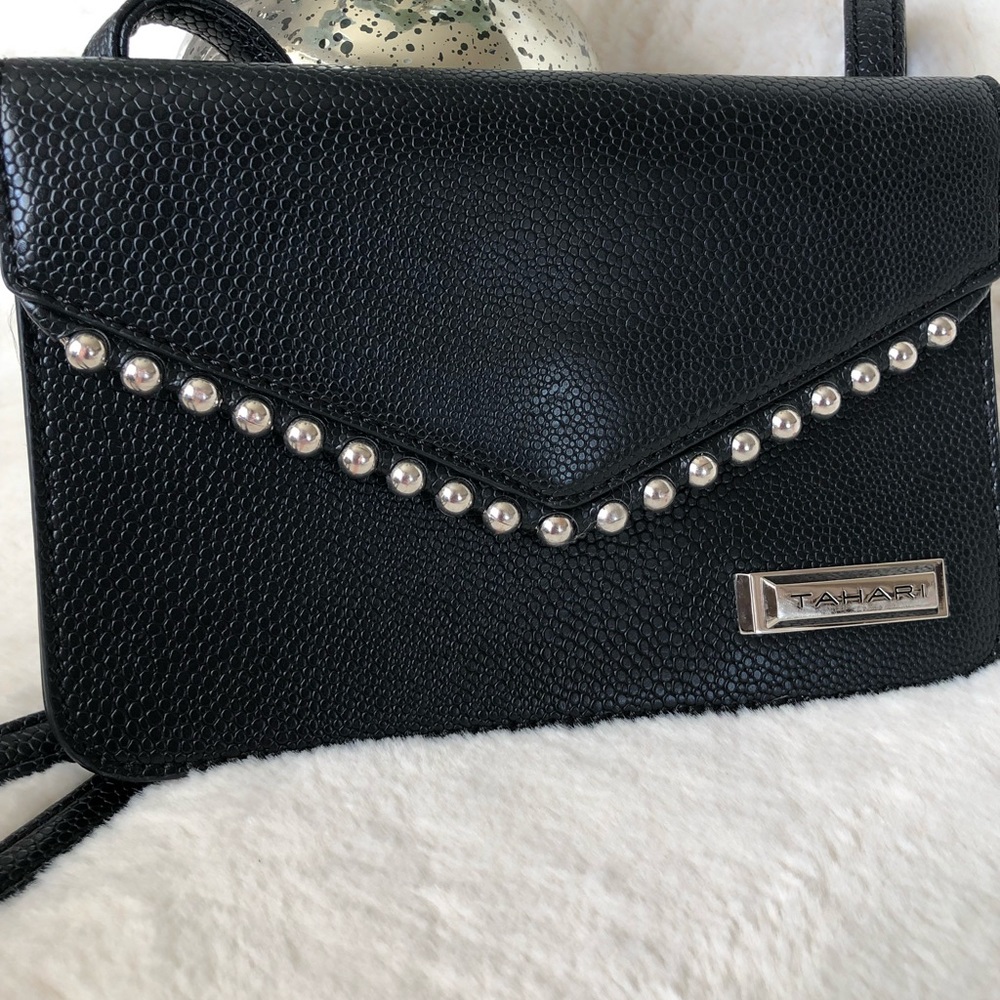 Tahari black studded leather crossbody